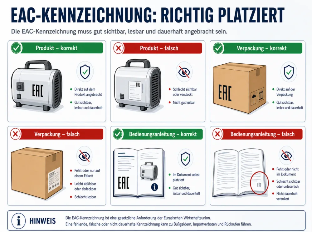 Die Vergleichsillustration zeigt die korrekte und fehlerhafte Platzierung des EAC Zeichens auf Produkt, Verpackung und Bedienungsanleitung. In den korrekten Beispielen ist das Zeichen sichtbar, lesbar und dauerhaft angebracht; die fehlerhaften Beispiele zeigen ein fehlendes, unleserliches oder verborgenes Zeichen.