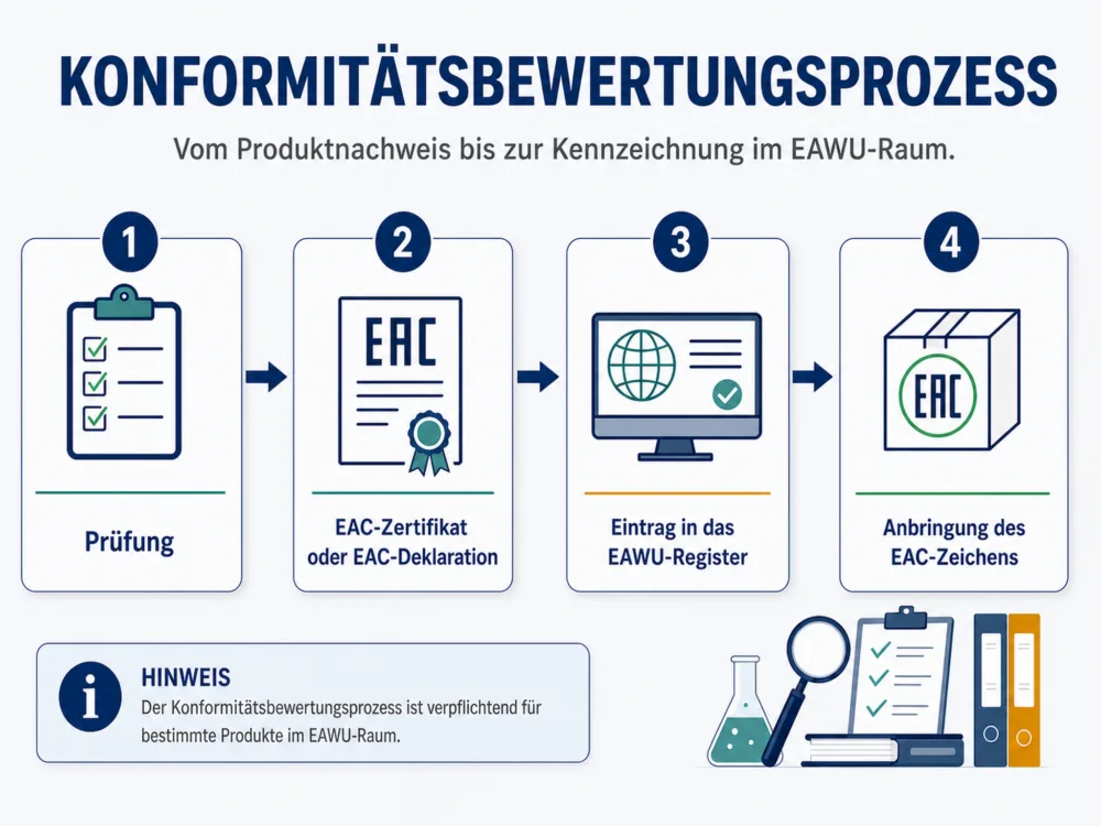 Das vierstufige Flussdiagramm zeigt den Konformitätsbewertungsprozess in der Reihenfolge Prüfung, EAC Zertifikat oder EAC Deklaration, Eintrag in das EAWU-Register und Anbringung des EAC Zeichens. Pfeile verbinden die vier aufeinanderfolgenden Schritte.