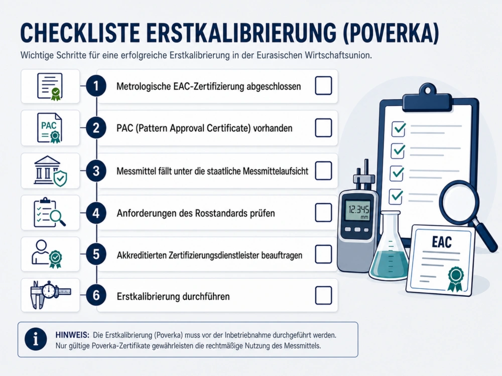 Die Checklisten-Infografik zeigt sechs Schritte der Erstkalibrierung beziehungsweise Poverka. Zuerst werden die metrologische EAC Zertifizierung und das PAC (Pattern Approval Certificate) geprüft. Danach folgen die Prüfung der staatlichen Messmittelaufsicht und der Rosstandart-Anforderungen, die Beauftragung eines akkreditierten Zertifizierungsdienstleisters und die Durchführung der Erstkalibrierung.