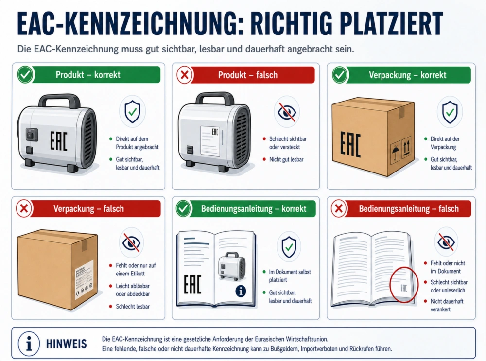 Die Vergleichsillustration zeigt die korrekte und fehlerhafte Platzierung des EAC Zeichens auf Produkt, Verpackung und Bedienungsanleitung. In den korrekten Beispielen ist das Zeichen sichtbar, lesbar und dauerhaft angebracht; die fehlerhaften Beispiele zeigen ein fehlendes, unleserliches oder verborgenes Zeichen.