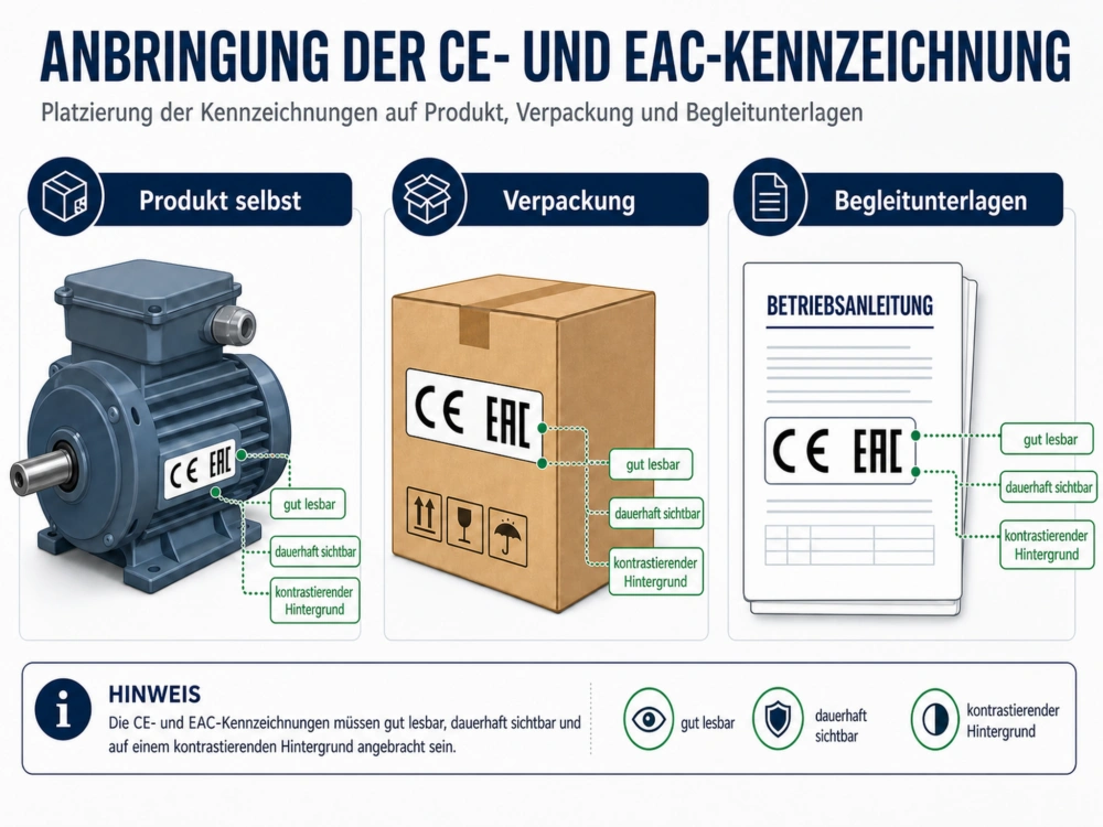 Das beschriftete Diagramm zeigt die möglichen Anbringungsorte der CE- und EAC Kennzeichnung auf dem Produkt selbst, auf der Verpackung und in den Begleitunterlagen. Die Hinweise nennen gute Lesbarkeit, dauerhafte Sichtbarkeit und einen kontrastierenden Hintergrund.