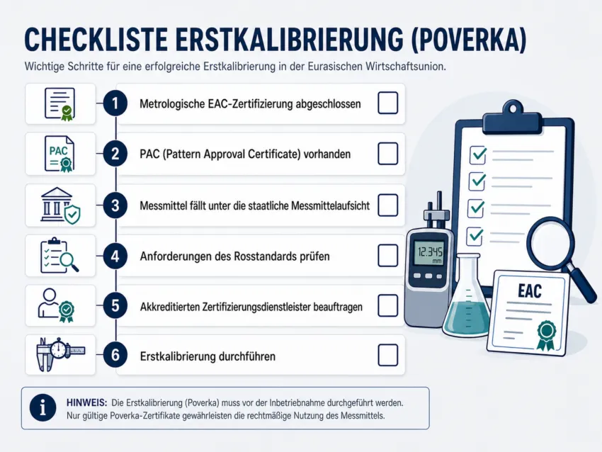 Die Checklisten-Infografik zeigt sechs Schritte der Erstkalibrierung beziehungsweise Poverka. Zuerst werden die metrologische EAC Zertifizierung und das PAC (Pattern Approval Certificate) geprüft. Danach folgen die Prüfung der staatlichen Messmittelaufsicht und der Rosstandart-Anforderungen, die Beauftragung eines akkreditierten Zertifizierungsdienstleisters und die Durchführung der Erstkalibrierung.