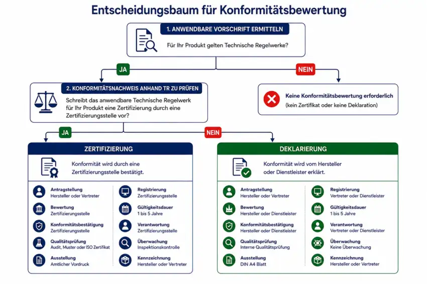 Die EAC Deklaration ist eine Herstellererklärung, dass die Ware den Anforderungen der Technischen Regelwerke entspricht. Im Gegensatz zum Zertifikat, bei dem die Konformität durch eine akkreditierte Zertifizierungsstelle bestätigt wird, trägt bei der Deklaration der Hersteller die volle Verantwortung.